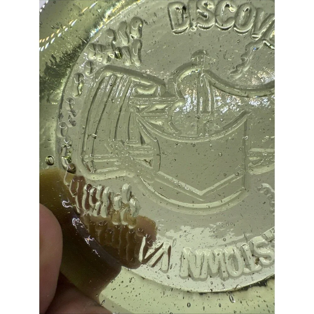 Vintage Ship Discover Jamestown VA Green Glass Paperweight/coaster Green